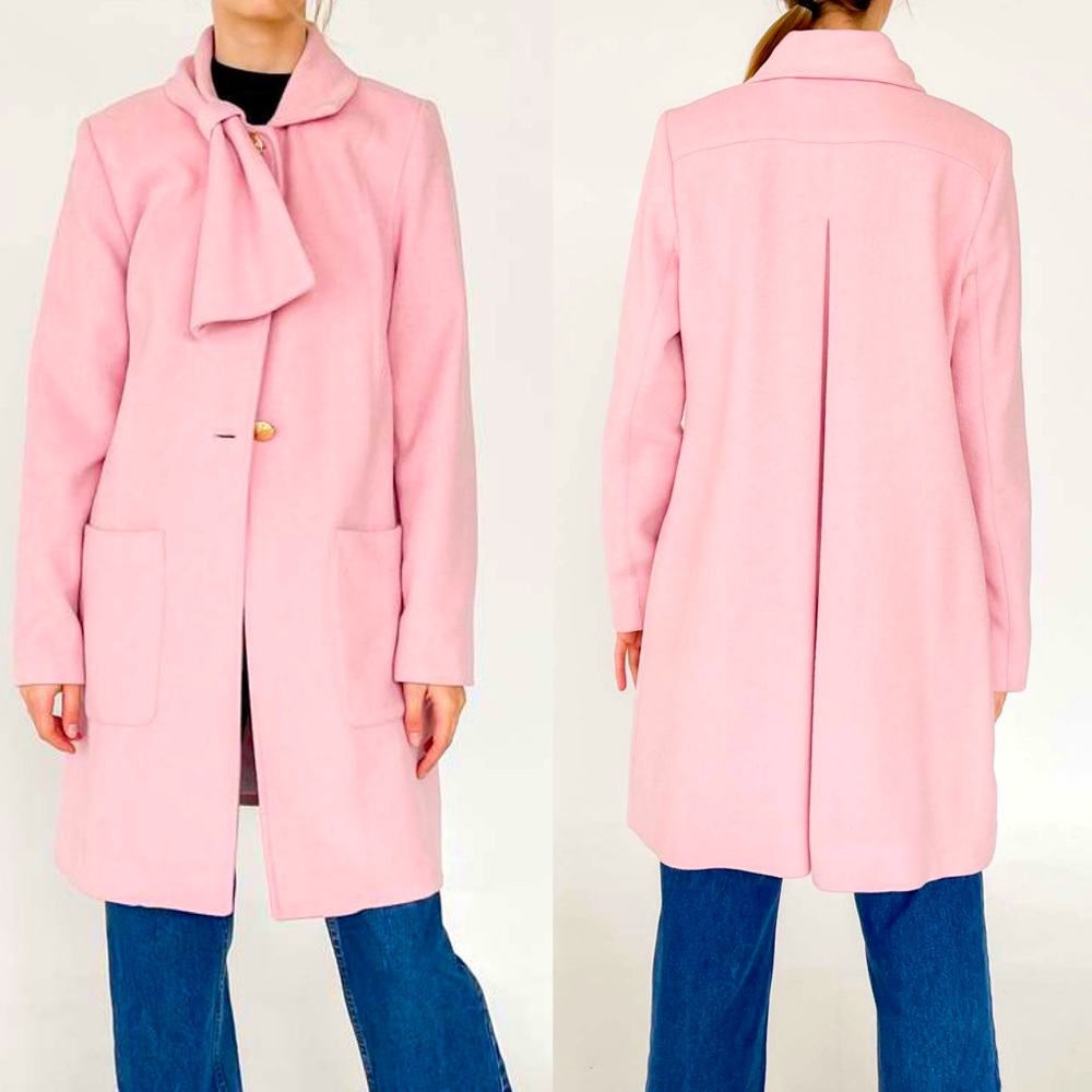 CAbi Tuscadero Pink Wool Asymmetrical Collar Gold Button Retro Mid Peacoat